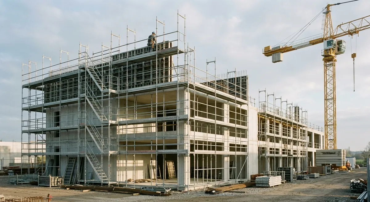 Chantier de gros œuvre avec structure béton et échafaudage